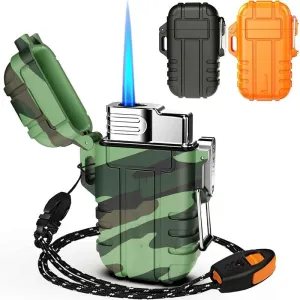 Waterproof Lighter Torch Lighter,Butane Lighter, Windproof Outdoor Gas Lighter Adjustable Jet Flame Lighters, Fireplace Fireworks Grill Camping BBQ Lighter, Gifts for Men. (Without Gas)(Green)