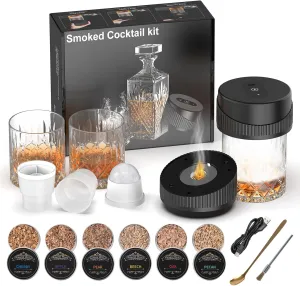 Whiskey Smoker Kit Electric – 6 Wood Chips 2 Glasses 2 Ice Ball Molds– Bourbon, Old Fashioned Drink Smoker Kit, Cocktail Smoker Infuser Kit, Birthday Bourbon Whiskey Gifts for Men, Dad, Husband