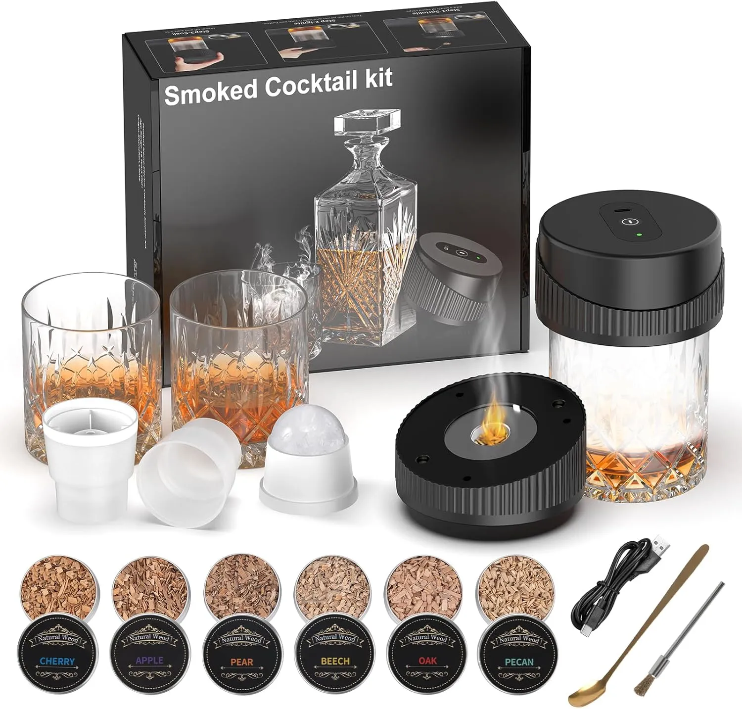Whiskey Smoker Kit Electric – 6 Wood Chips 2 Glasses 2 Ice Ball Molds– Bourbon, Old Fashioned Drink Smoker Kit, Cocktail Smoker Infuser Kit, Birthday Bourbon Whiskey Gifts for Men, Dad, Husband