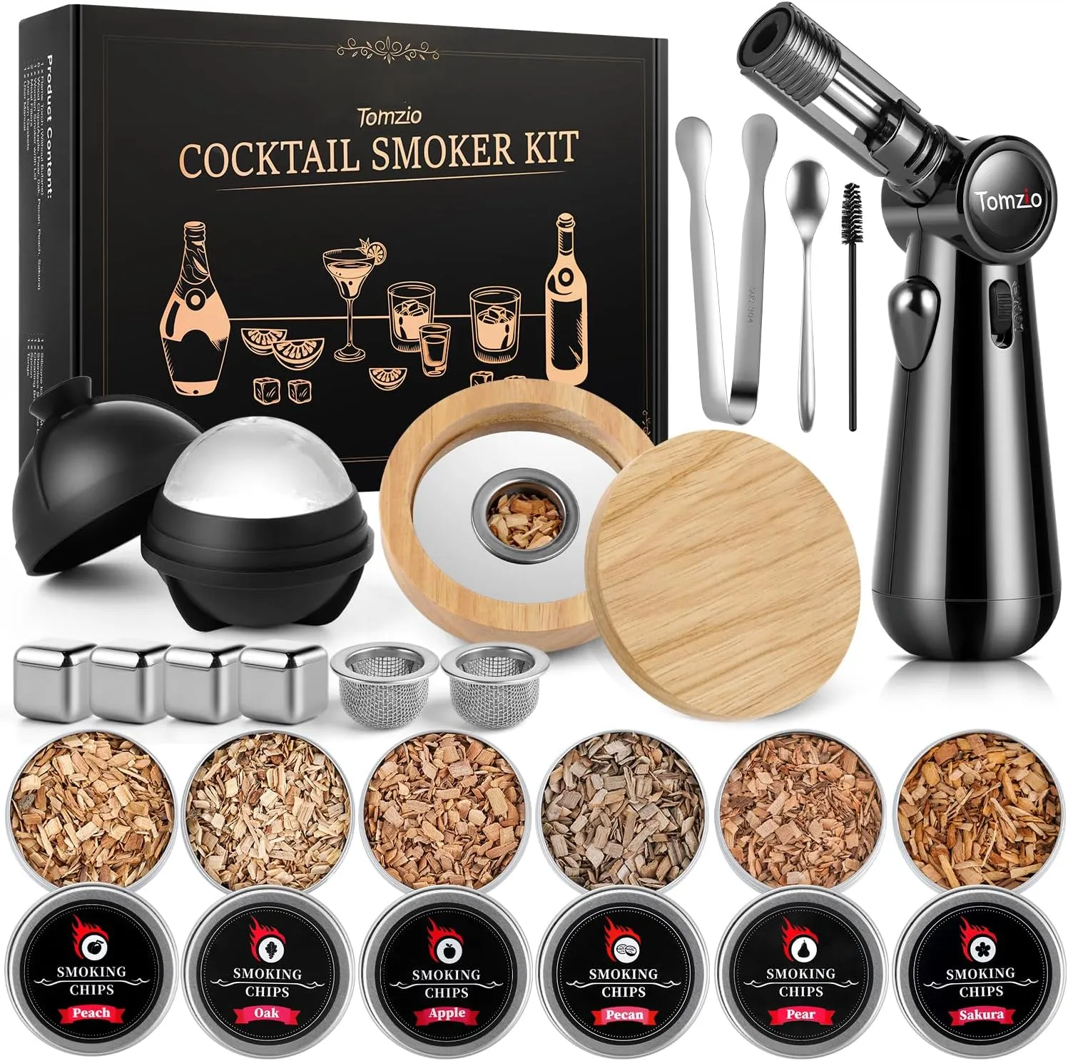 Whiskey Smoker Kit with Angle-Adjustable Metal Torch(No Butane) & 6 Natural Wood Chips,Anti-Burn Cocktail Smoker Set with Reusable Stainless Steel Ice Cubes & Mold,Birthday Bourbon Gift for Men