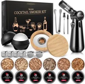 Whiskey Smoker Kit with Angle-Adjustable Metal Torch(No Butane) & 6 Natural Wood Chips,Anti-Burn Cocktail Smoker Set with Reusable Stainless Steel Ice Cubes & Mold,Birthday Bourbon Gift for Men