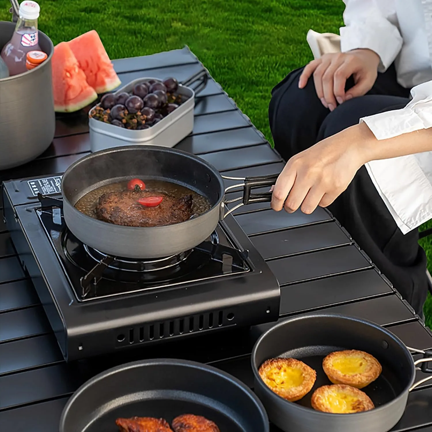 WHYATT Camp Cooking Set, Camping Cookware Mess Kit, Non-Stick Lightweight Pots, for Outdoor Backpacking Picnic