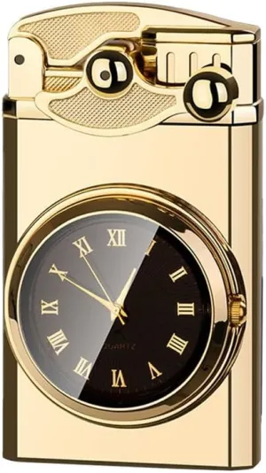 Windproof Jet Double Flame Lighter, Clock Lighter 2 in 1, Portable Pocket Lighter, Refillable Butane Adjustable Flame Lighter (Color : Gold2)