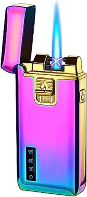 Windproof jet flame butane lighters, one-button start dual-purpose metal lighter, refillable gas with visible fuel window, adjustable flame size portable lighter, men's gift (without fuel) black(Purpl