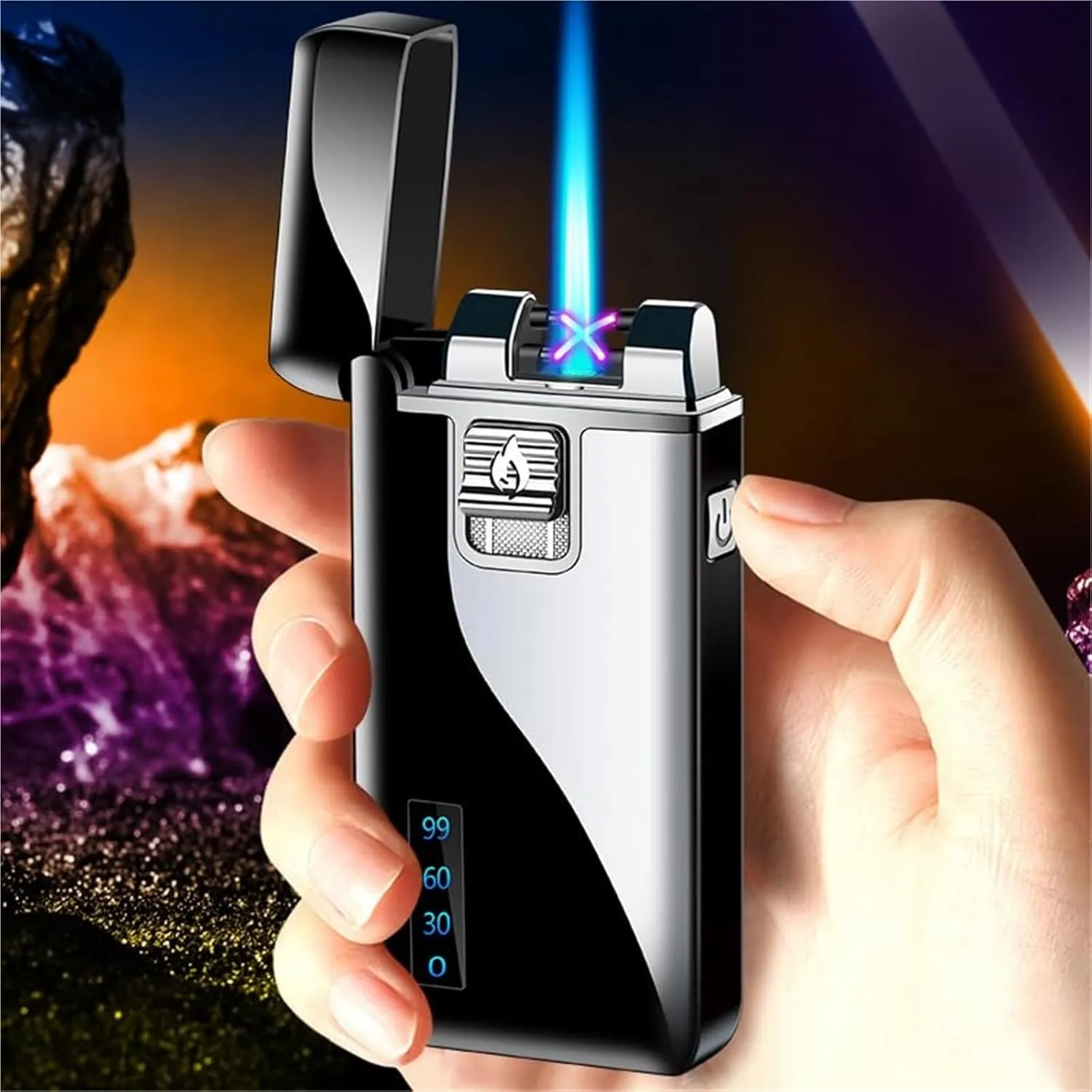 Windproof jet flame butane lighters, one-button start dual-purpose metal lighter, refillable gas with visible fuel window, adjustable flame size portable lighter, men's gift (without fuel) black(Purpl