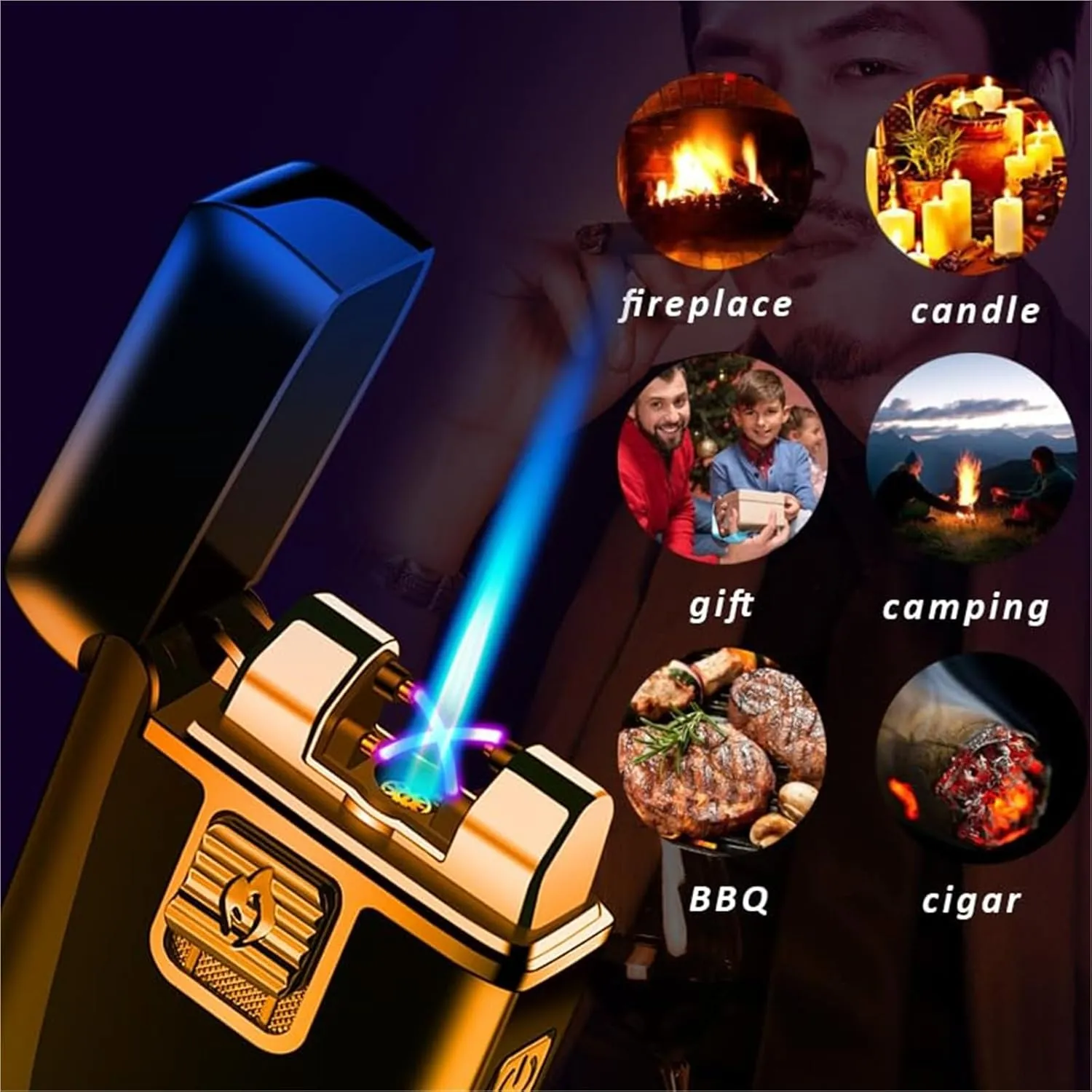 Windproof jet flame butane lighters, one-button start dual-purpose metal lighter, refillable gas with visible fuel window, adjustable flame size portable lighter, men's gift (without fuel) black(Purpl