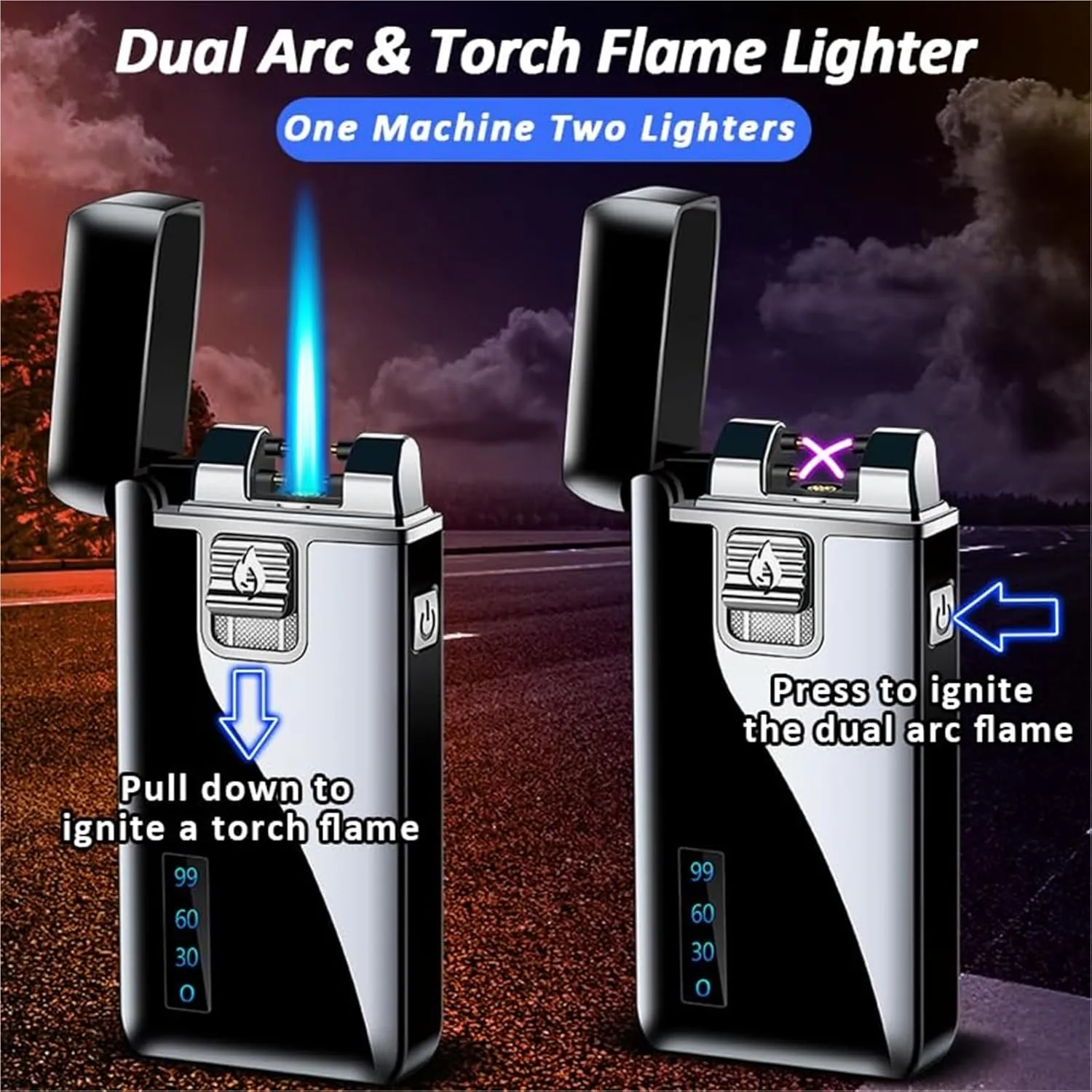 Windproof jet flame butane lighters, one-button start dual-purpose metal lighter, refillable gas with visible fuel window, adjustable flame size portable lighter, men's gift (without fuel) black(Purpl