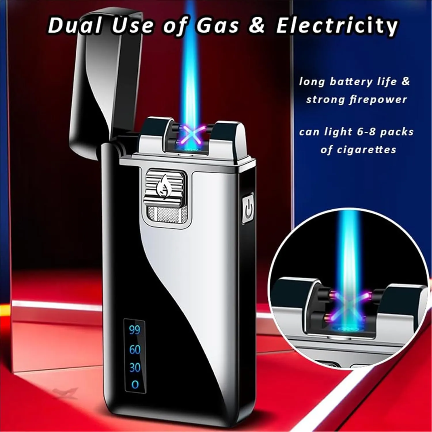 Windproof jet flame butane lighters, one-button start dual-purpose metal lighter, refillable gas with visible fuel window, adjustable flame size portable lighter, men's gift (without fuel) black(Purpl
