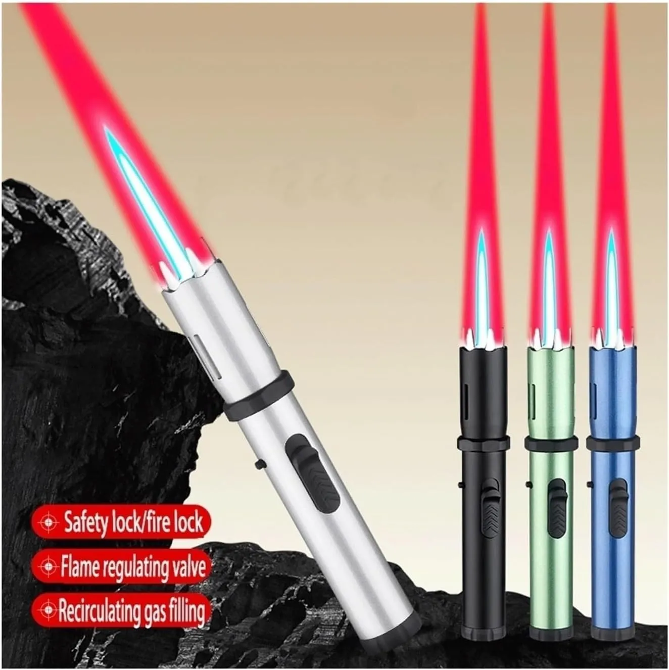 Windproof Jet Flame Pen Lighter, Refillable Butane with Safety Lock for Outdoor Camping Candles (Butane Not Included)(White)