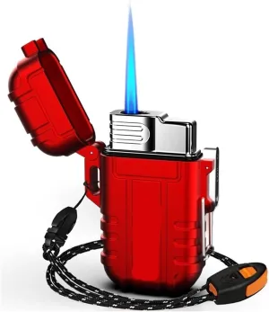 Windproof Lighter with Safety Lock, Metal Lighter, Portable, Butane refillable, Windproof and Waterproof Lighter, Adjustable Flame Size (Butane not Included)(Red)