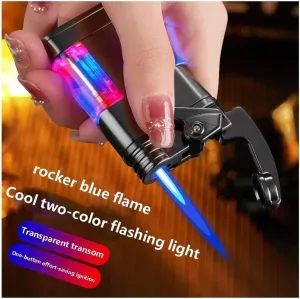Windproof Metal Rocker Ignition Lighter, Blue Jet Flame, Visible Gas Canister Butane Lighter, Adjustable Portable Lighter, Candle Camping Gift for Husband Father(Gold)