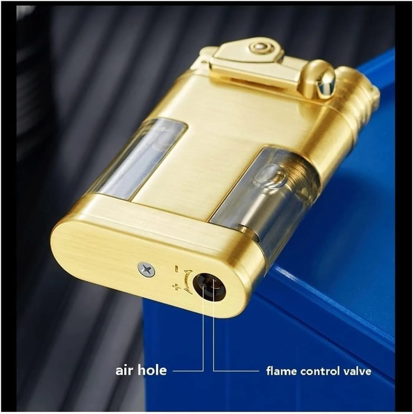 Windproof Metal Rocker Ignition Lighter, Blue Jet Flame, Visible Gas Canister Butane Lighter, Adjustable Portable Lighter, Candle Camping Gift for Husband Father(Gold)