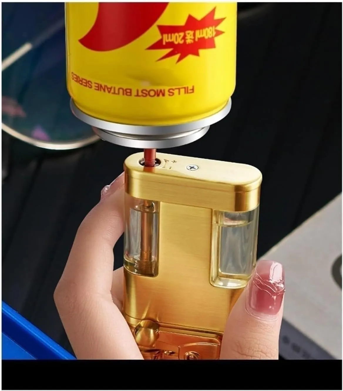Windproof Metal Rocker Ignition Lighter, Blue Jet Flame, Visible Gas Canister Butane Lighter, Adjustable Portable Lighter, Candle Camping Gift for Husband Father(Gold)