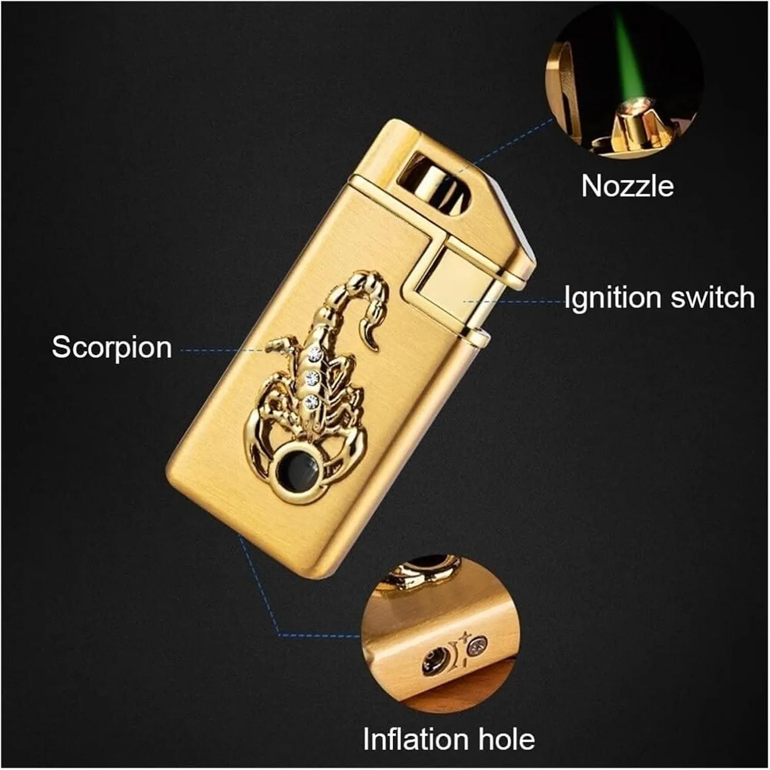 Windproof Outdoor Open Flame Lighter, Jet Flame Lighter, Embossed Scorpion Turbo Butane Gas Jet Lighter (Butane Gas not Included)(Gold Scorpion)