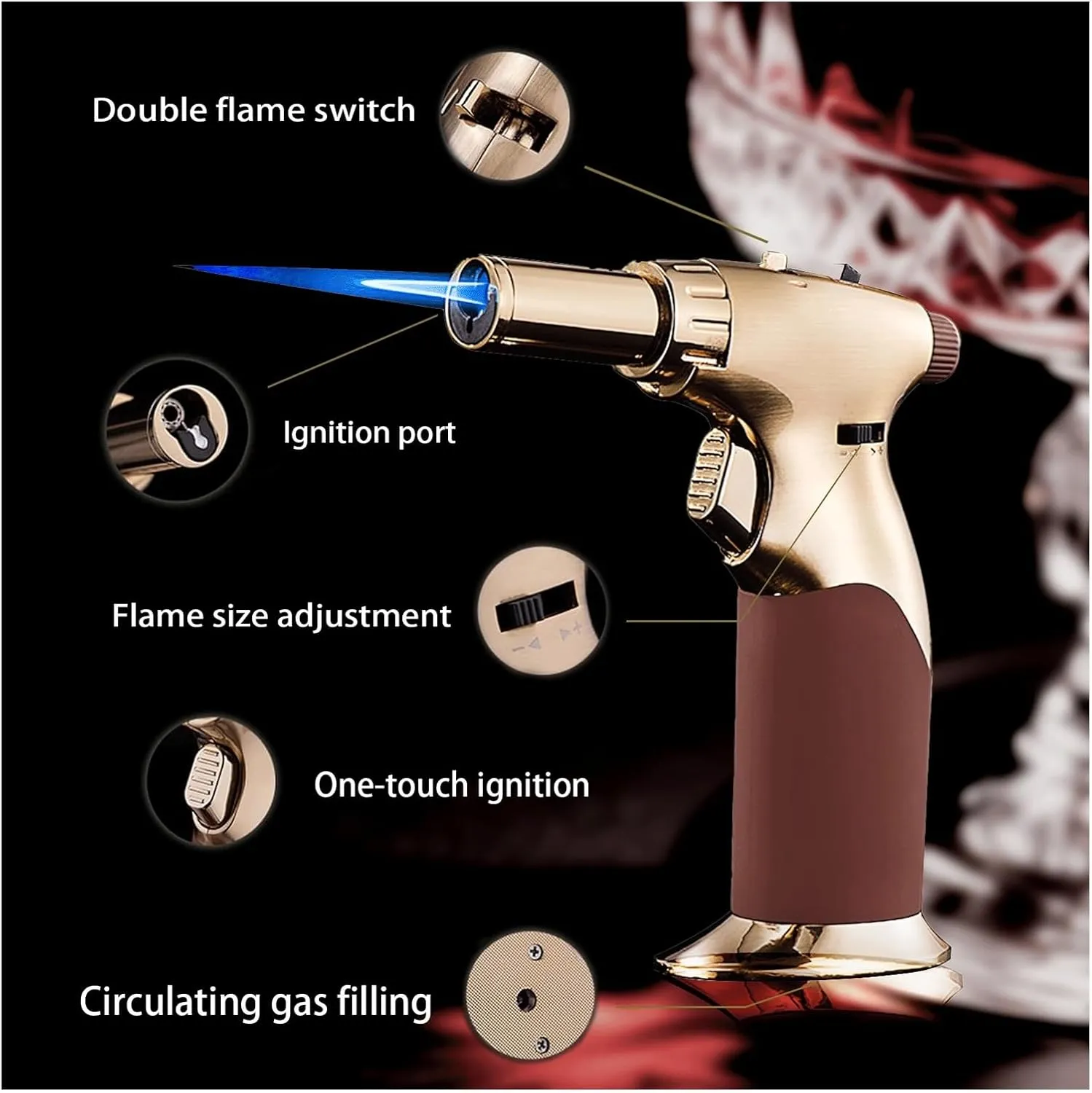 Windproof switchable with fire Lock Refillable Triple Adjustable Size Flame Torch Lighter, Hiking Candle Camping (Butane not Included)(Gold)