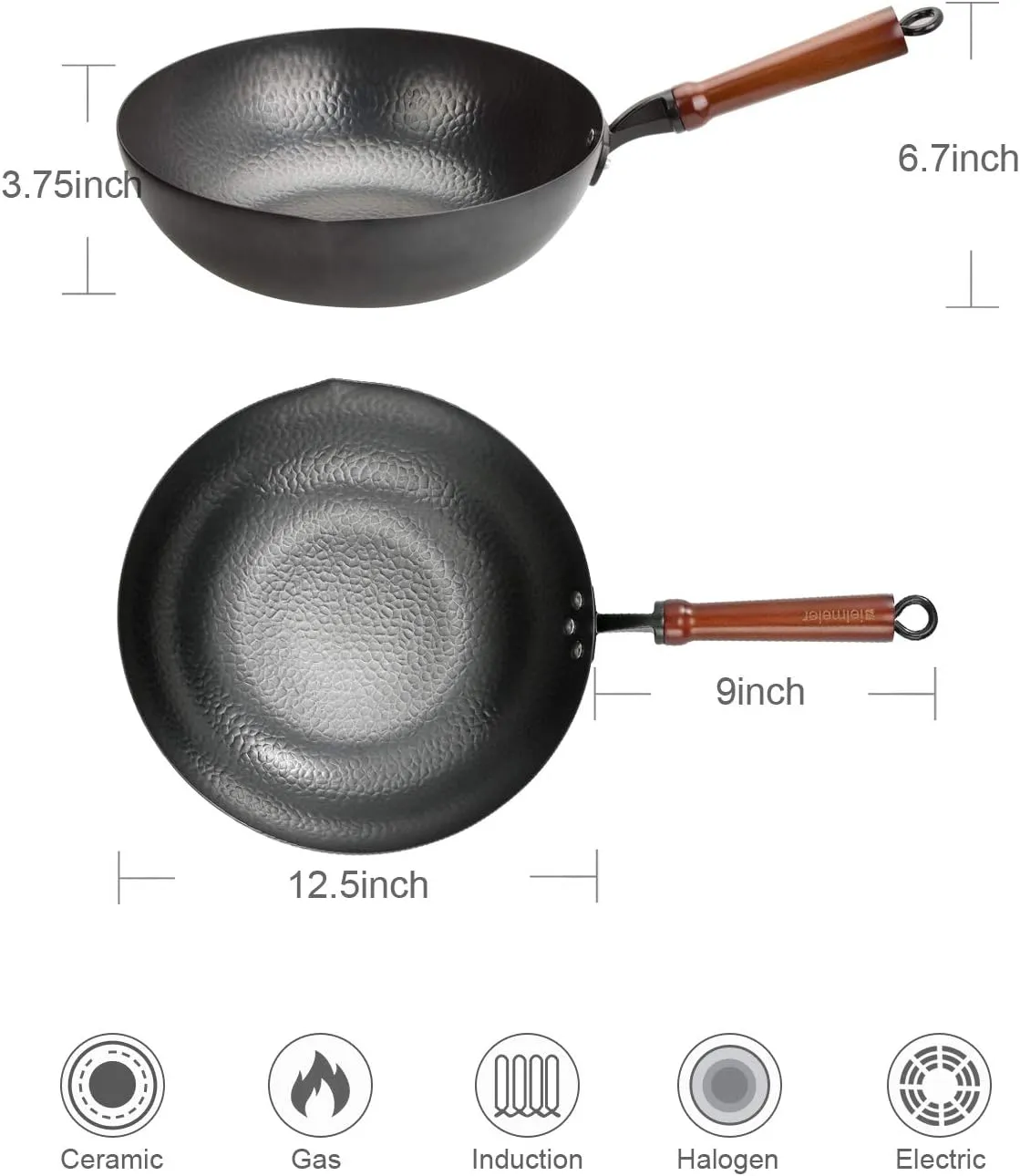 Wok Pan 12.5", Woks and Stir Fry Pans with lid, Carbon Steel Wok with Cookware Accessories, Flat Bottom Suits for all Stoves