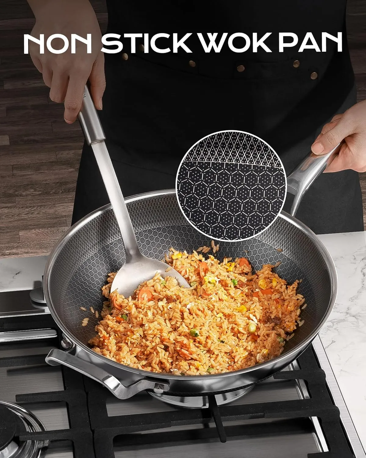 Wok pan,12 inch Hybrid Wok with Lid,PFOA Free Cookware,Non Stick Stainless Steel Woks & Stir-fry pans Nonstick, Dishwasher and Oven Safe, Works on Induction