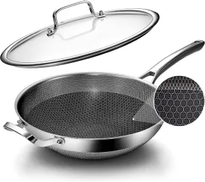 Wok pan,12 inch Hybrid Wok with Lid,PFOA Free Cookware,Non Stick Stainless Steel Woks & Stir-fry pans Nonstick, Dishwasher and Oven Safe, Works on Induction