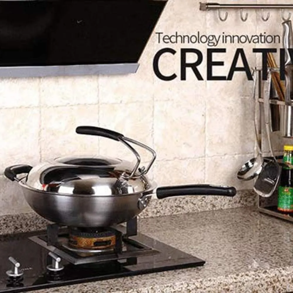 Wok Saucepan Stainless Steel Wok Frying Pan Non Stick Pot Without Coating Electromagnetic Oven Wok with 32Cm Cover Frying Pan (32cm)