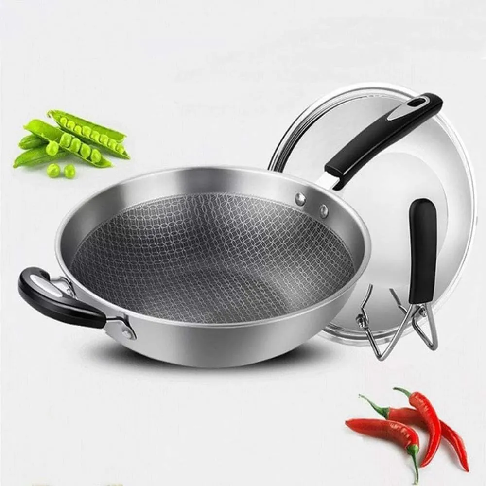 Wok Saucepan Stainless Steel Wok Frying Pan Non Stick Pot Without Coating Electromagnetic Oven Wok with 32Cm Cover Frying Pan (32cm)