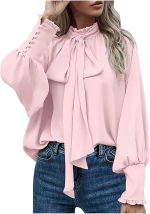 Womens Tops Dressy Casual Button Blouses Lantern Sleeve Vintage Pleated Turtleneck Shirts Business Casual Work Shirt