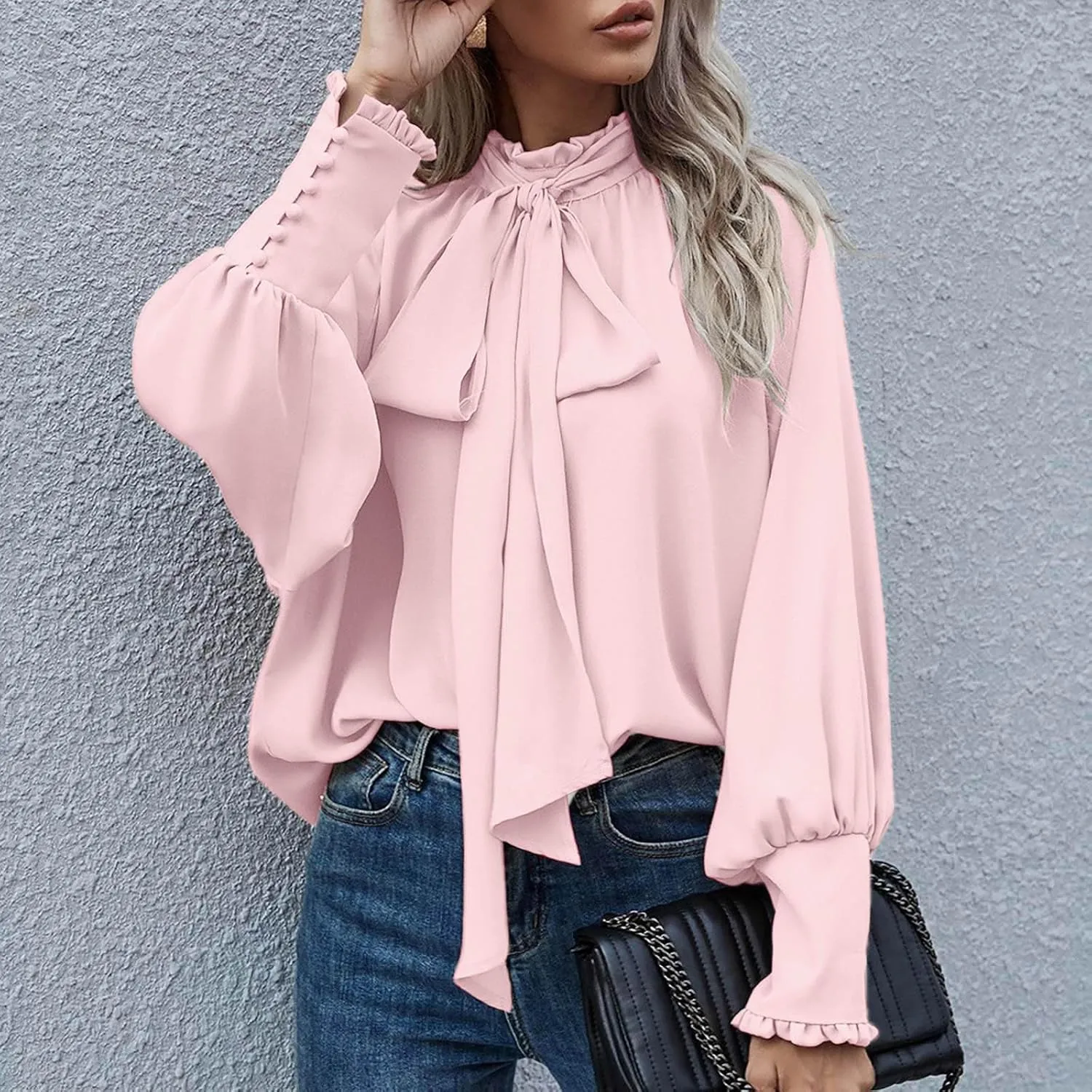 Womens Tops Dressy Casual Button Blouses Lantern Sleeve Vintage Pleated Turtleneck Shirts Business Casual Work Shirt