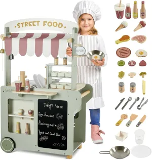 Wooden Food Cart, Kitchen Playset 50-Piece Toddler Pretend Play Grocery Store with Sink and Ice Maker, Kitchen Set for Kids Ages 3 , Gift for Boys and Girls