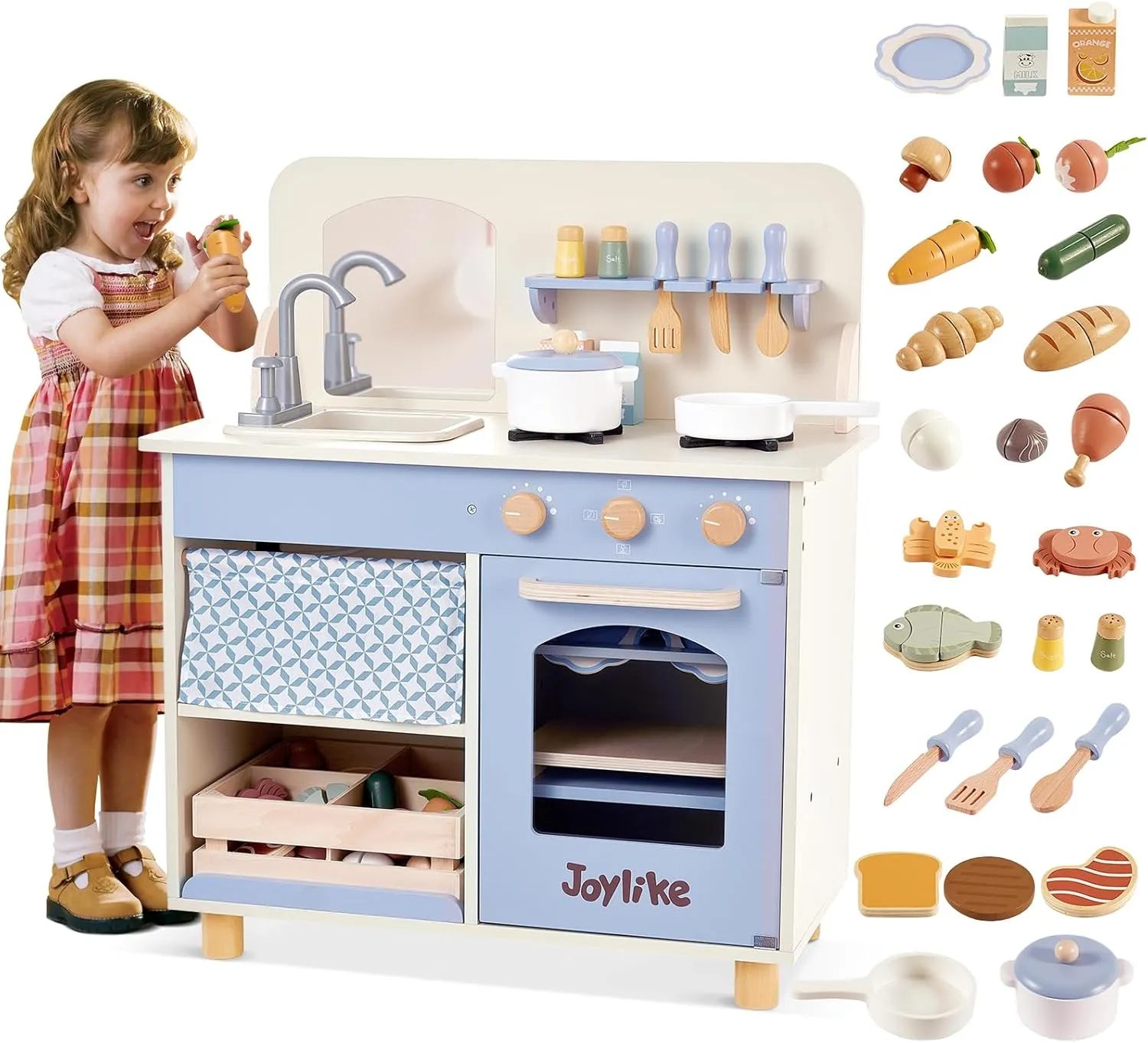 Wooden Kitchen Playset for Kids, Toddler Play Kitchen with 32Pcs Accessories Cutting Food Set, Stove & Water Sink, Pretend Play Toy for Kids Ages 3 