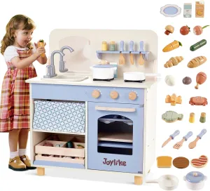 Wooden Kitchen Playset for Kids, Toddler Play Kitchen with 32Pcs Accessories Cutting Food Set, Stove & Water Sink, Pretend Play Toy for Kids Ages 3 