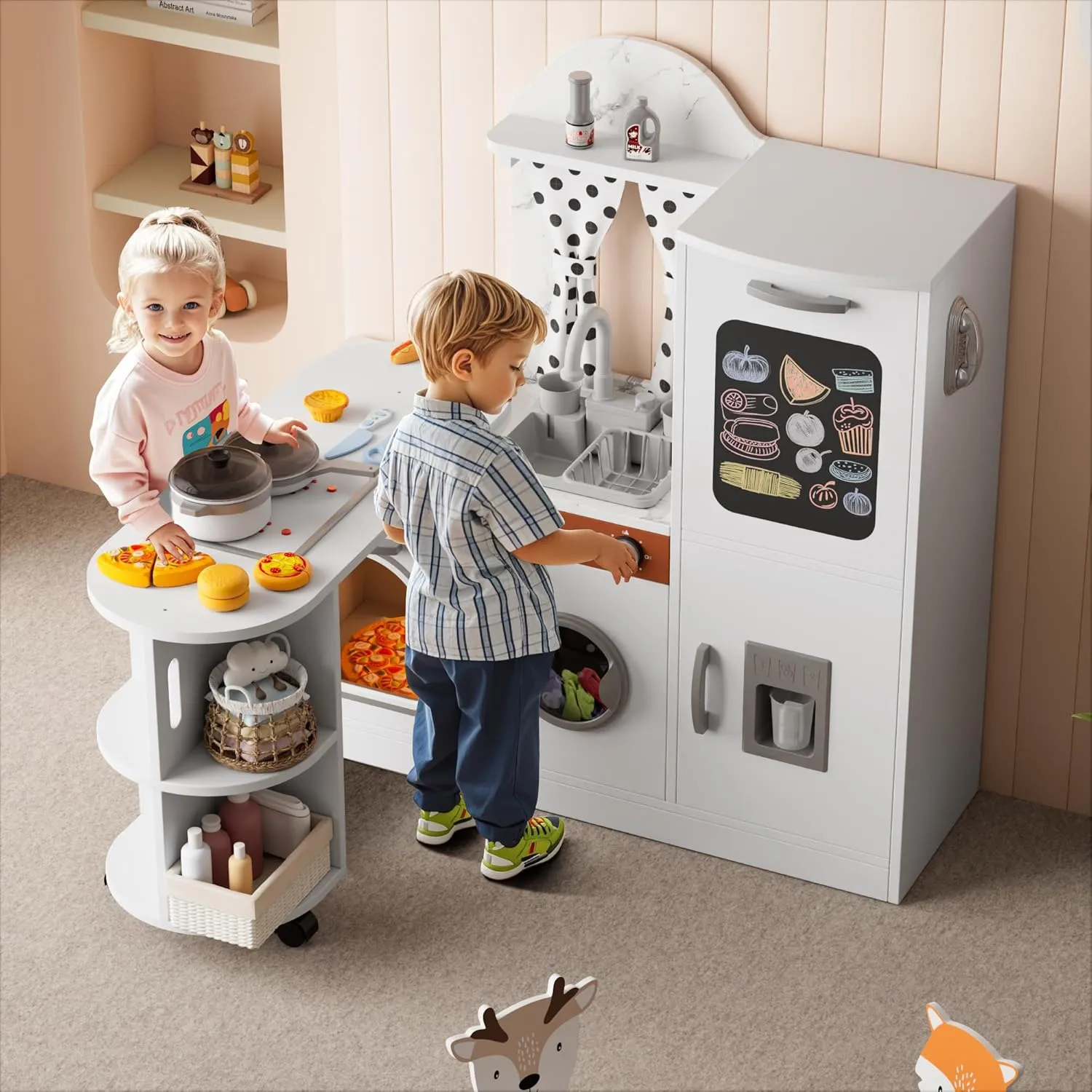 Wooden Play Kitchen with 180 Degree Rotation, Interactive Kids Corner Toy Kitchen Playset with Lights & Sounds, Toddler Kitchen Play Set with Realistic Accessories for Girls Boys Ages 3 , White