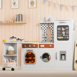 Wooden Play Kitchen with 180 Degree Rotation, Interactive Kids Corner Toy Kitchen Playset with Lights & Sounds, Toddler Kitchen Play Set with Realistic Accessories for Girls Boys Ages 3 , White