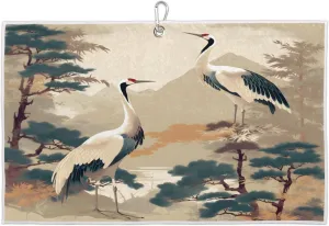Woodland Crane Watercolor Golf Towel with Heavy Duty Carabiner Ultra Absorbent Quick Dry Perfect for Cleaning Clubs Balls Gear Essential Golf Accessory for Men Women Kids