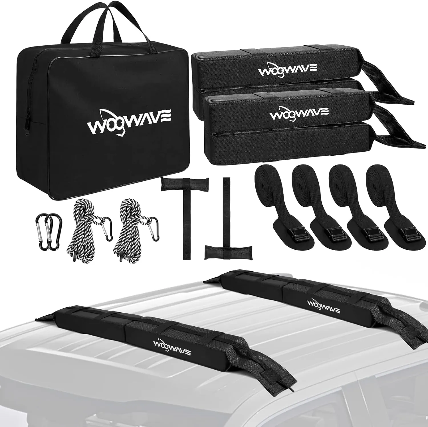 WOOWAVE Folding Kayak Soft Roof Rack Pads Universal Kayak Carrier Car Rack with 4 Tie Down Straps, 2 Tie Down Rope, 4 Carabiner, 2 Quick Loop Strap and Storage Bag for Canoe/Surfboard/Paddleboard/SUP