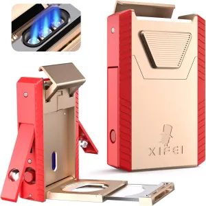 Xifei Triple-Jet Flame Lighter with Integrated Cigar Puncher and Double-Blade Cutter (Red & Gold)