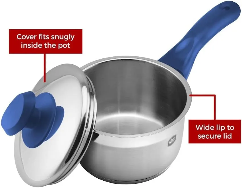 YBM Home Professional Chef’s 2-Quart Stainless Steel Saucepan with Cover, Tri-Ply Capsule Base Cookware with Aluminum Core Bottom, Mirror Polished Silver Cookware, Blue