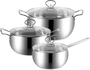 YSSOA Sleek Stainless Steel 6-Piece Cookware Set: Mirror Polished Interior and Exterior, 0.5mm Thickness, G-Type Glass Lids, Induction Ready with Aluminum and SS430# Bottom Plate