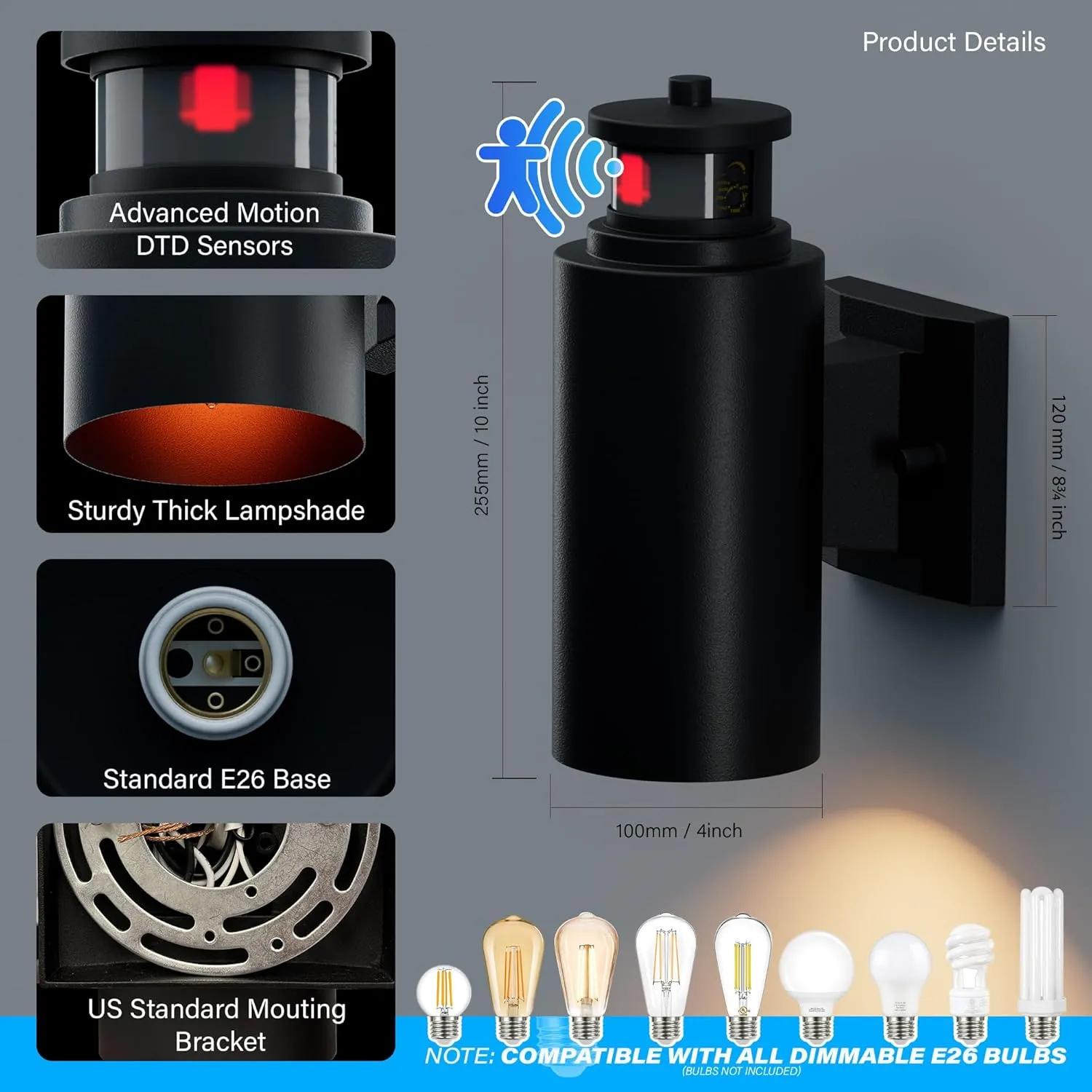 ZAGO 2 Packs Motion Activated Outdoor Cylinder Light, Photocell Sensor Outdoor Wall Mount Patio Lights with E26 Sockets, Dust to Dawn Outdoor Lantern for Garage, Black, ETL Certified, Wet Location