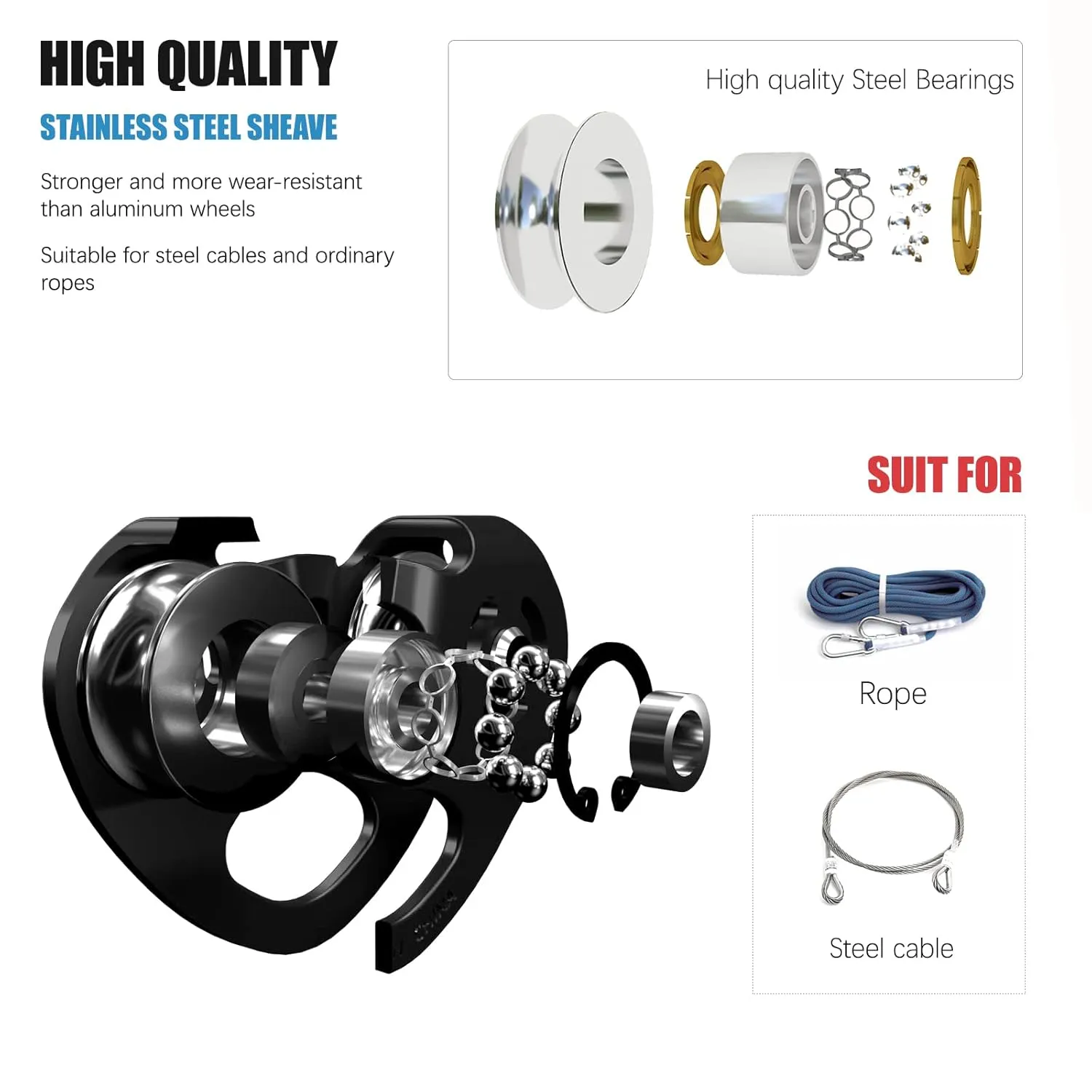 Zipline Trolley Kit with 25kN Carabiner Double Tandem Dual Pulley Speed Dual Trolley for Rock Climbing Caving Aloft Work Rescue,Black with Carabiner