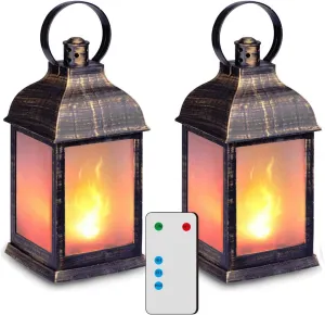 ZKEE Vintage Style Decorative Lanterns, Flame Effect LED, Golden Brushed Black, Remote Control, Indoor/Outdoor Hanging Lanterns (Set of 2)